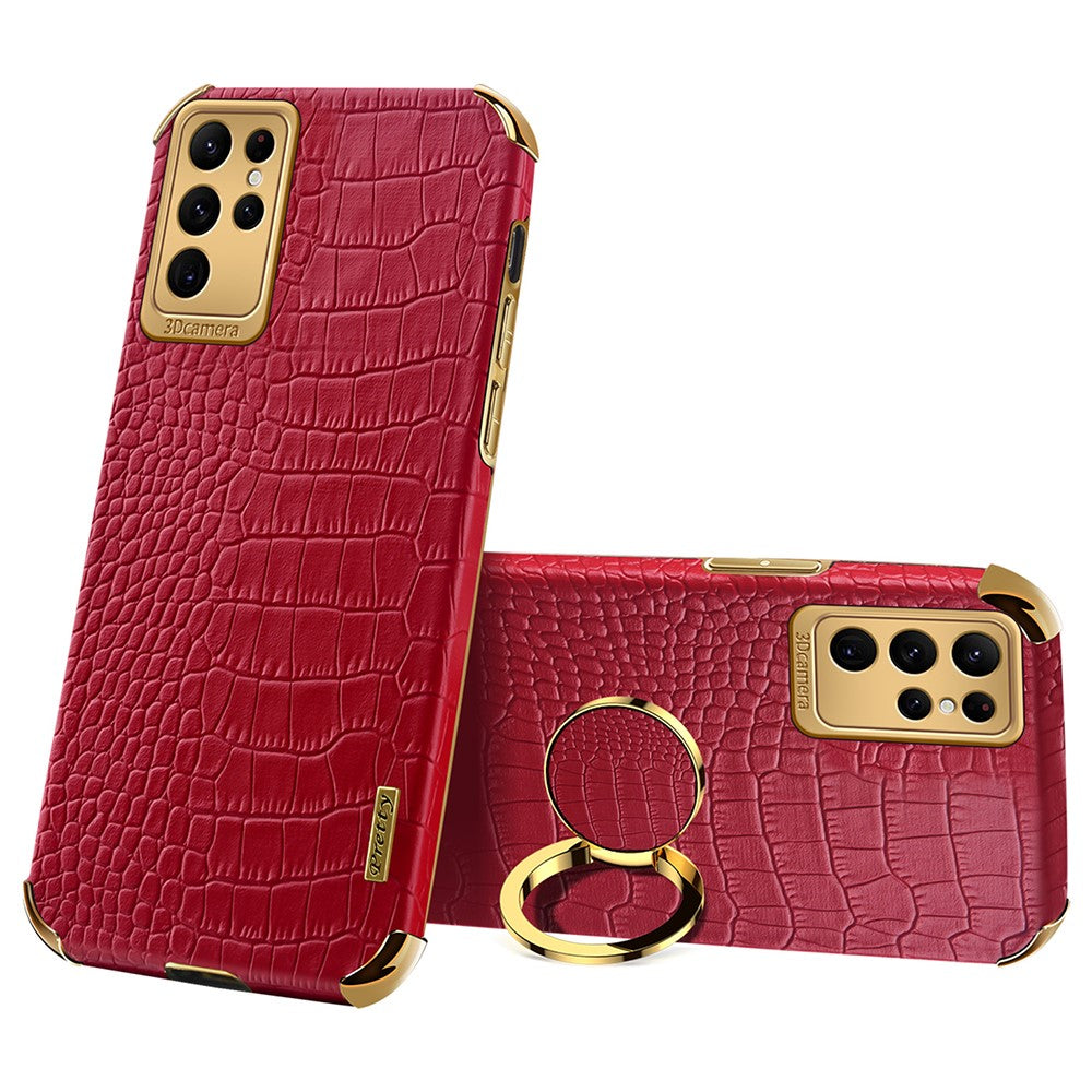 For Samsung Galaxy S24 Ultra Cell Phone Case Crocodile Texture Ring Kickstand Leather+TPU Cover