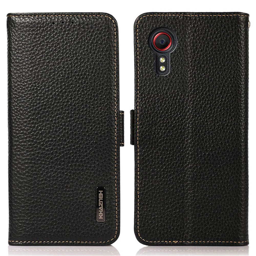 KHAZNEH For Samsung Galaxy Xcover7 Wallet Case Genuine Cow Leather Phone Cover with RFID Blocking