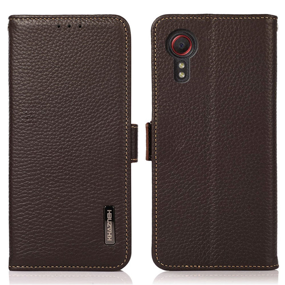 KHAZNEH For Samsung Galaxy Xcover7 Wallet Case Genuine Cow Leather Phone Cover with RFID Blocking