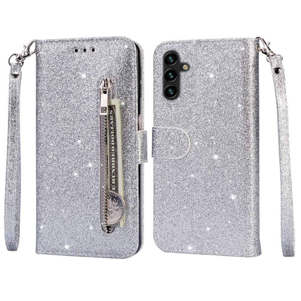 Til Samsung Galaxy A55 5G Mobiltaske Lynlåslomme Pung Glitter Læder Faldbeskyttende Cover