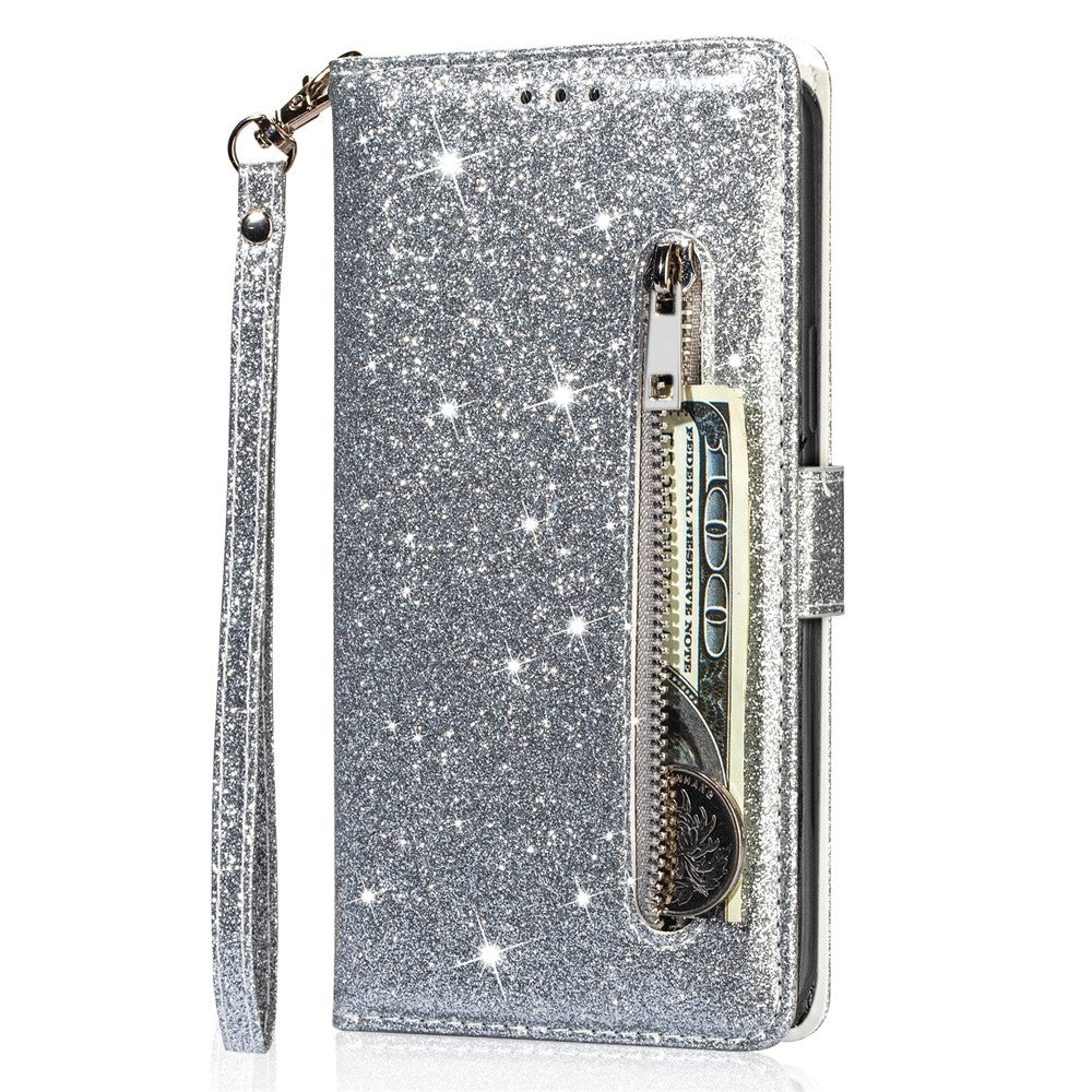Til Samsung Galaxy A55 5G Mobiltaske Lynlåslomme Pung Glitter Læder Faldbeskyttende Cover