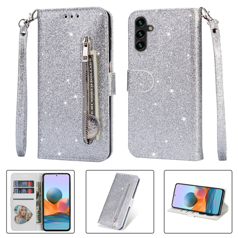 Til Samsung Galaxy A55 5G Mobiltaske Lynlåslomme Pung Glitter Læder Faldbeskyttende Cover