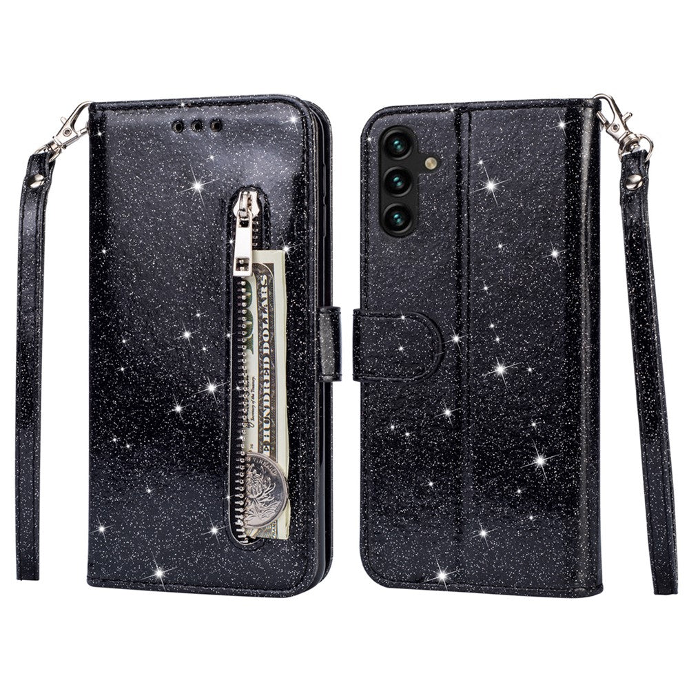 Til Samsung Galaxy A55 5G Mobiltaske Lynlåslomme Pung Glitter Læder Faldbeskyttende Cover