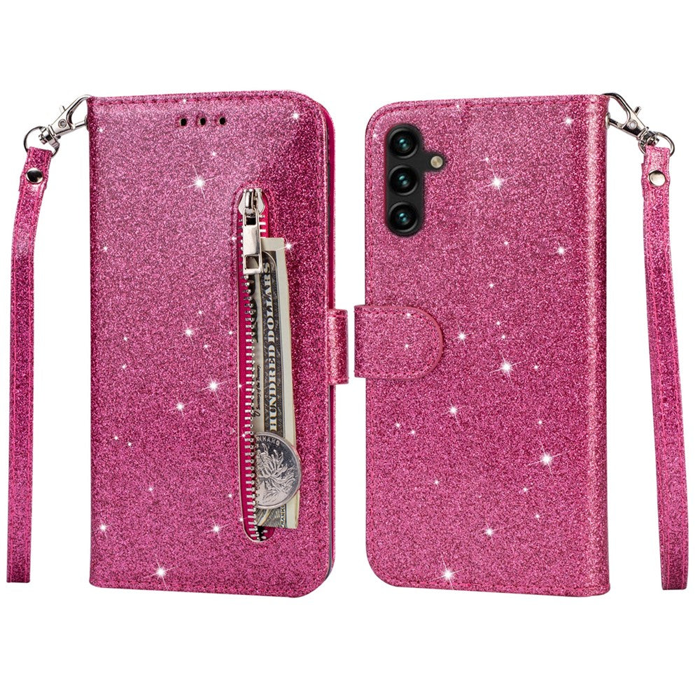 Til Samsung Galaxy A55 5G Mobiltaske Lynlåslomme Pung Glitter Læder Faldbeskyttende Cover