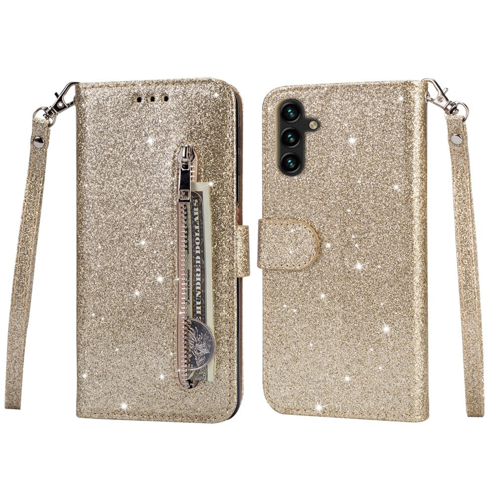 Til Samsung Galaxy A55 5G Mobiltaske Lynlåslomme Pung Glitter Læder Faldbeskyttende Cover