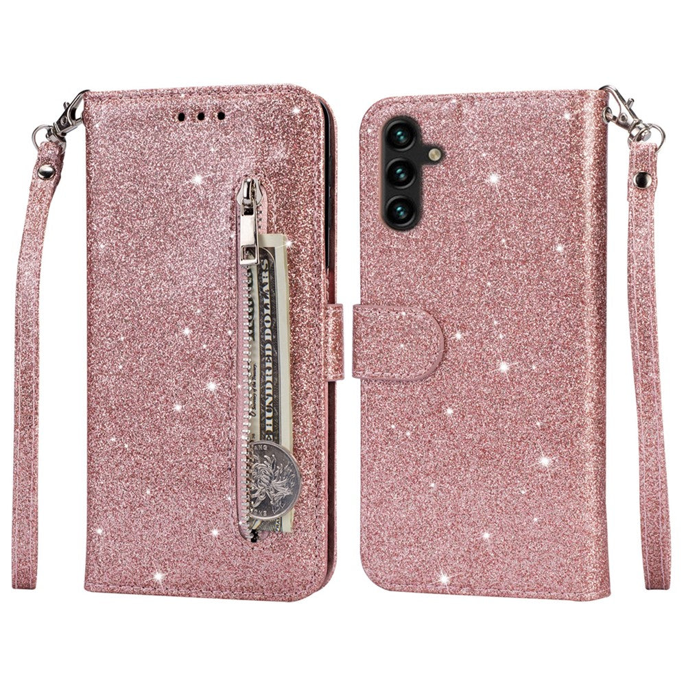 Til Samsung Galaxy A55 5G Mobiltaske Lynlåslomme Pung Glitter Læder Faldbeskyttende Cover