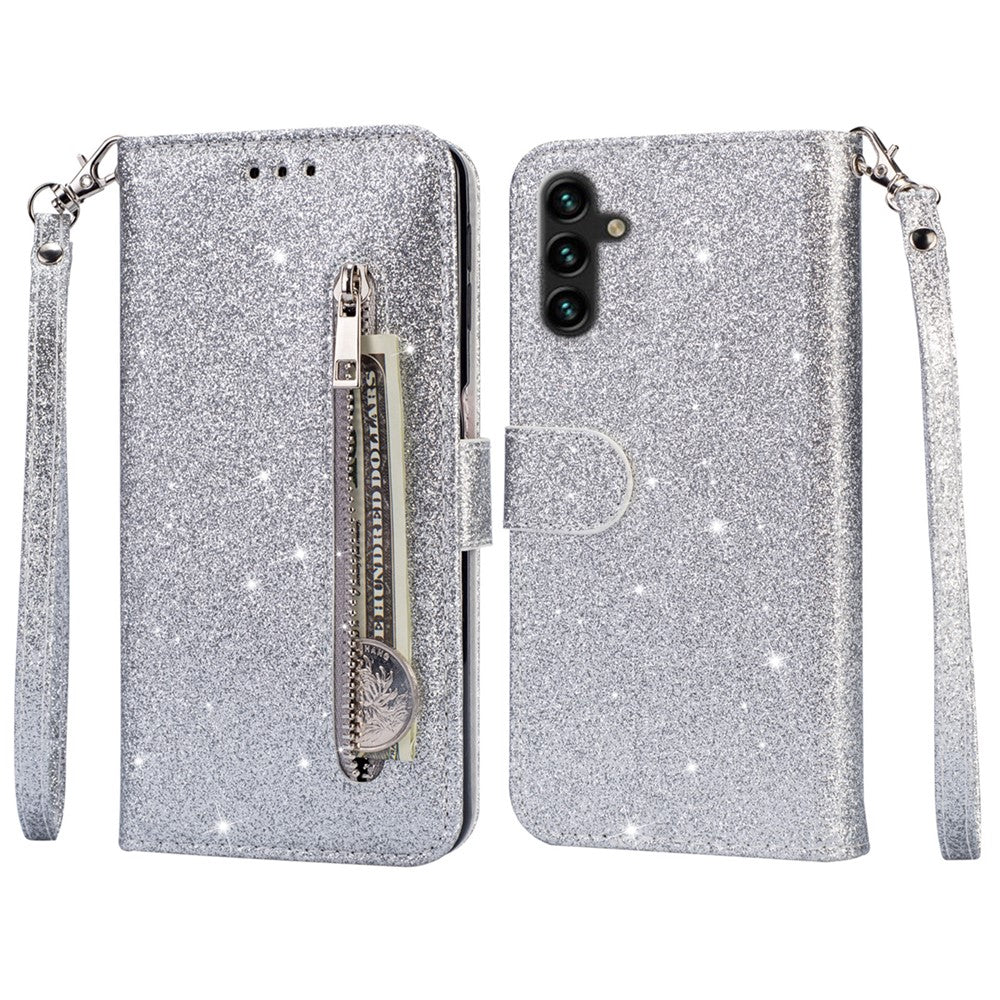For Samsung Galaxy A35 5G Case Glitter Phone Stand Leather Drop-proof Cover with Zipper Pocket