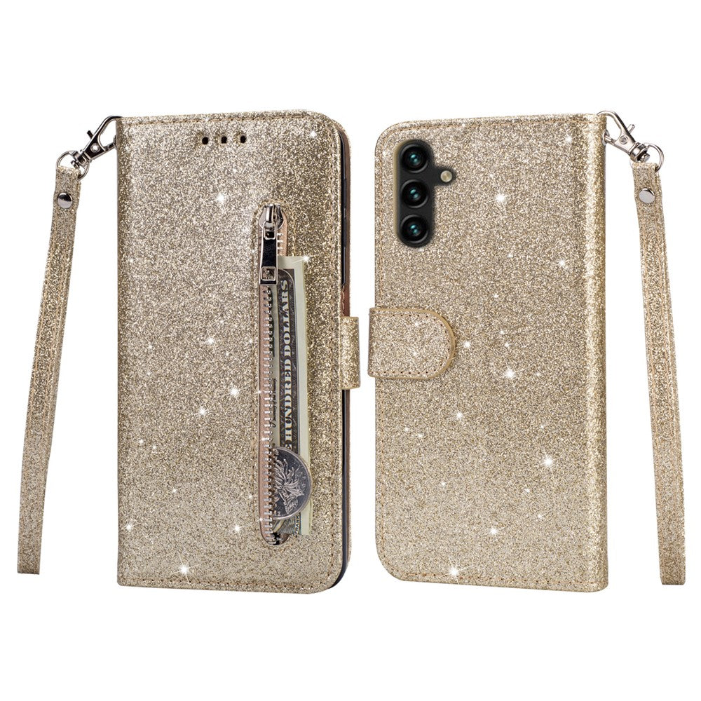 For Samsung Galaxy A35 5G Case Glitter Phone Stand Leather Drop-proof Cover with Zipper Pocket