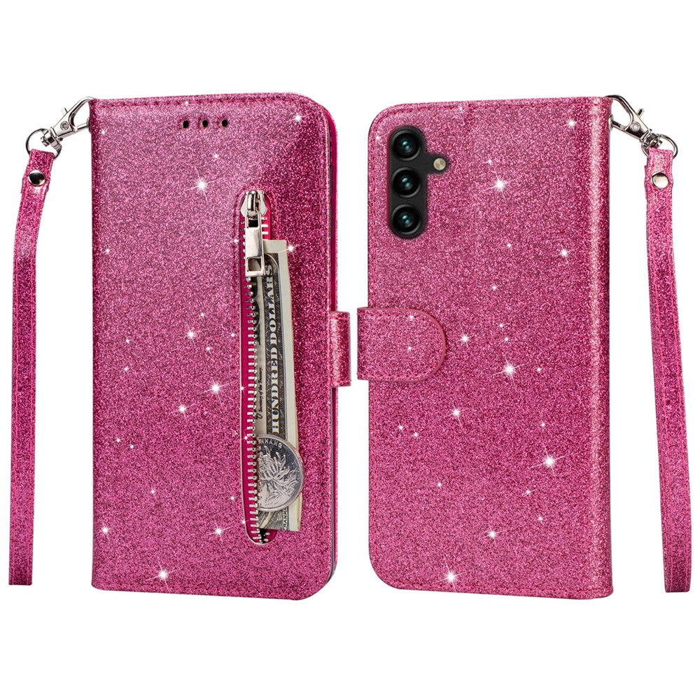 For Samsung Galaxy A35 5G Case Glitter Phone Stand Leather Drop-proof Cover with Zipper Pocket