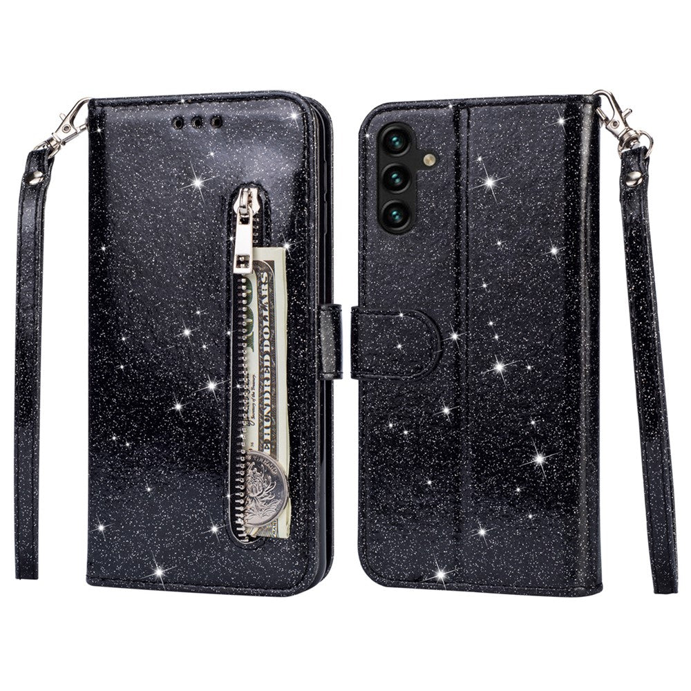 For Samsung Galaxy A35 5G Case Glitter Phone Stand Leather Drop-proof Cover with Zipper Pocket
