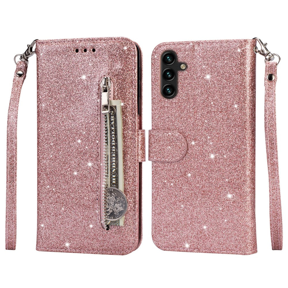 For Samsung Galaxy A35 5G Case Glitter Phone Stand Leather Drop-proof Cover with Zipper Pocket