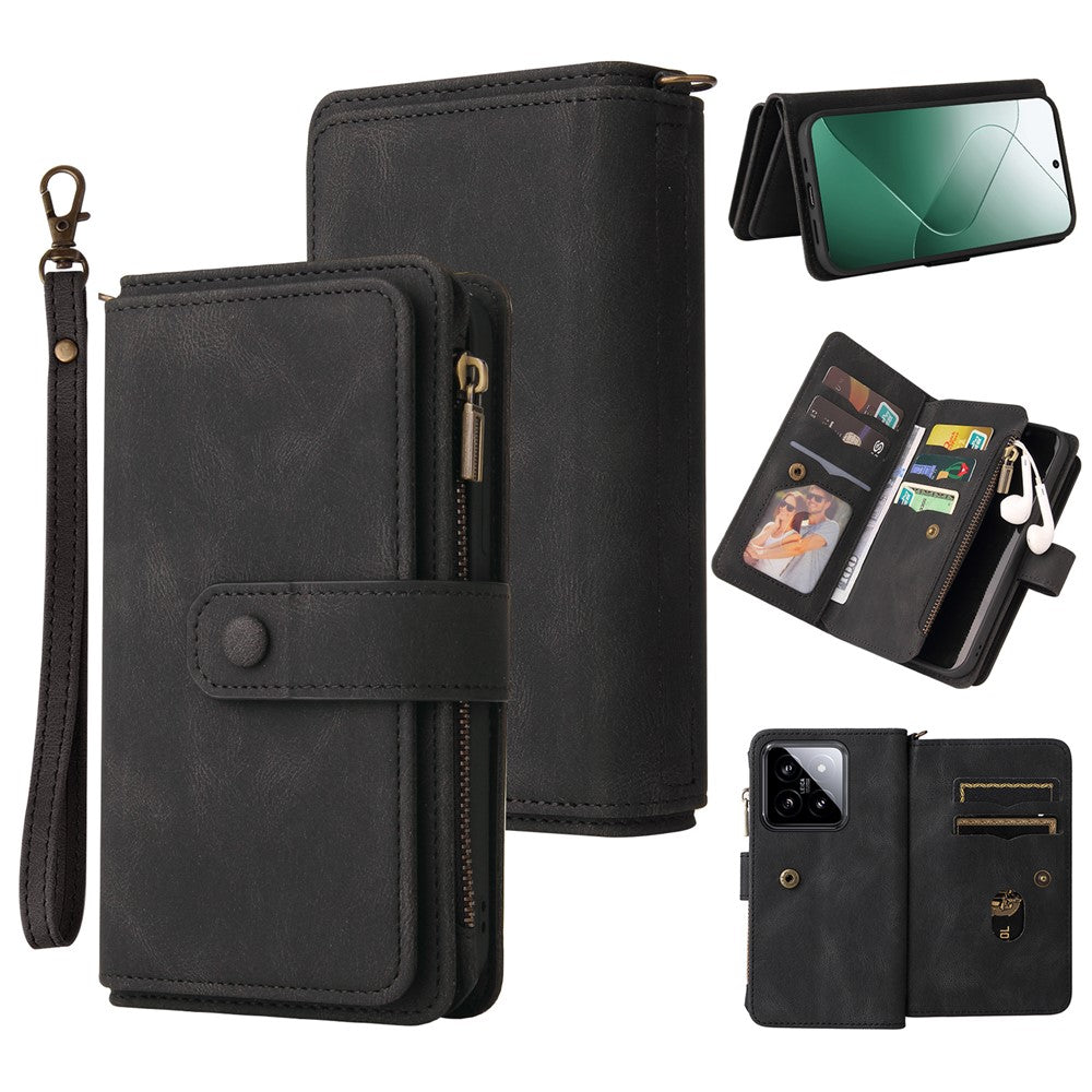For Xiaomi 14 Zipper Wallet Case with 15 Card Slots and Strap Leather Phone Cover