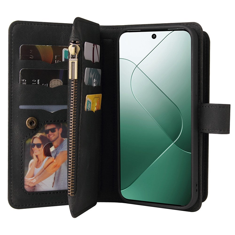 For Xiaomi 14 Zipper Wallet Case with 15 Card Slots and Strap Leather Phone Cover
