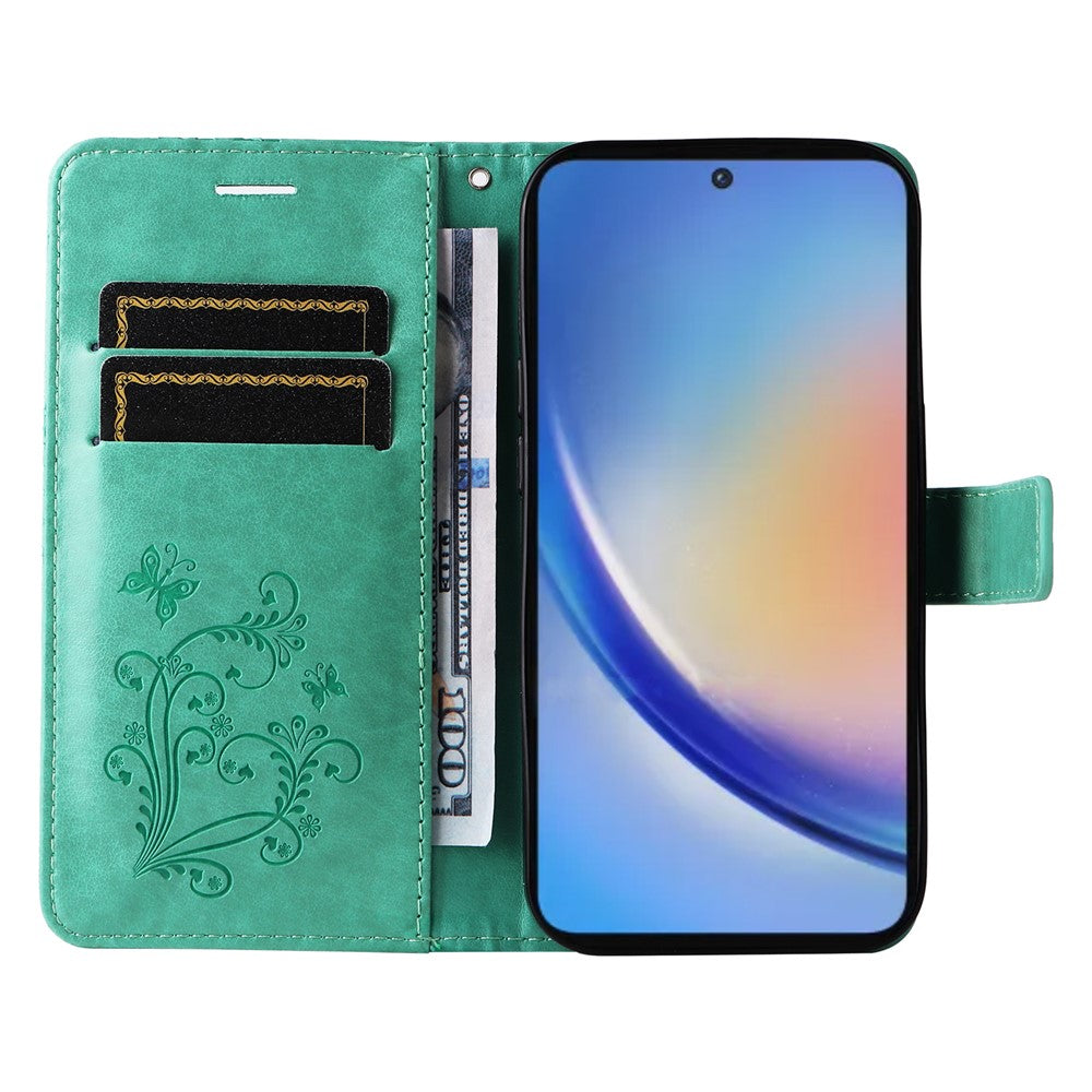 Til Samsung Galaxy A35 5G Pung Etui Blomstret Sommerfugl Præget Læder Telefoncover Stativ
