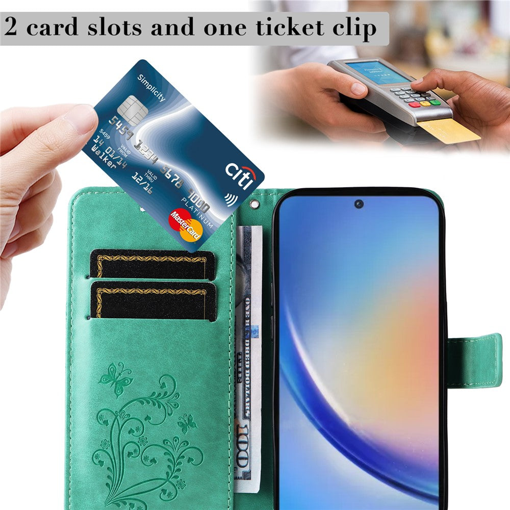 Til Samsung Galaxy A35 5G Pung Etui Blomstret Sommerfugl Præget Læder Telefoncover Stativ