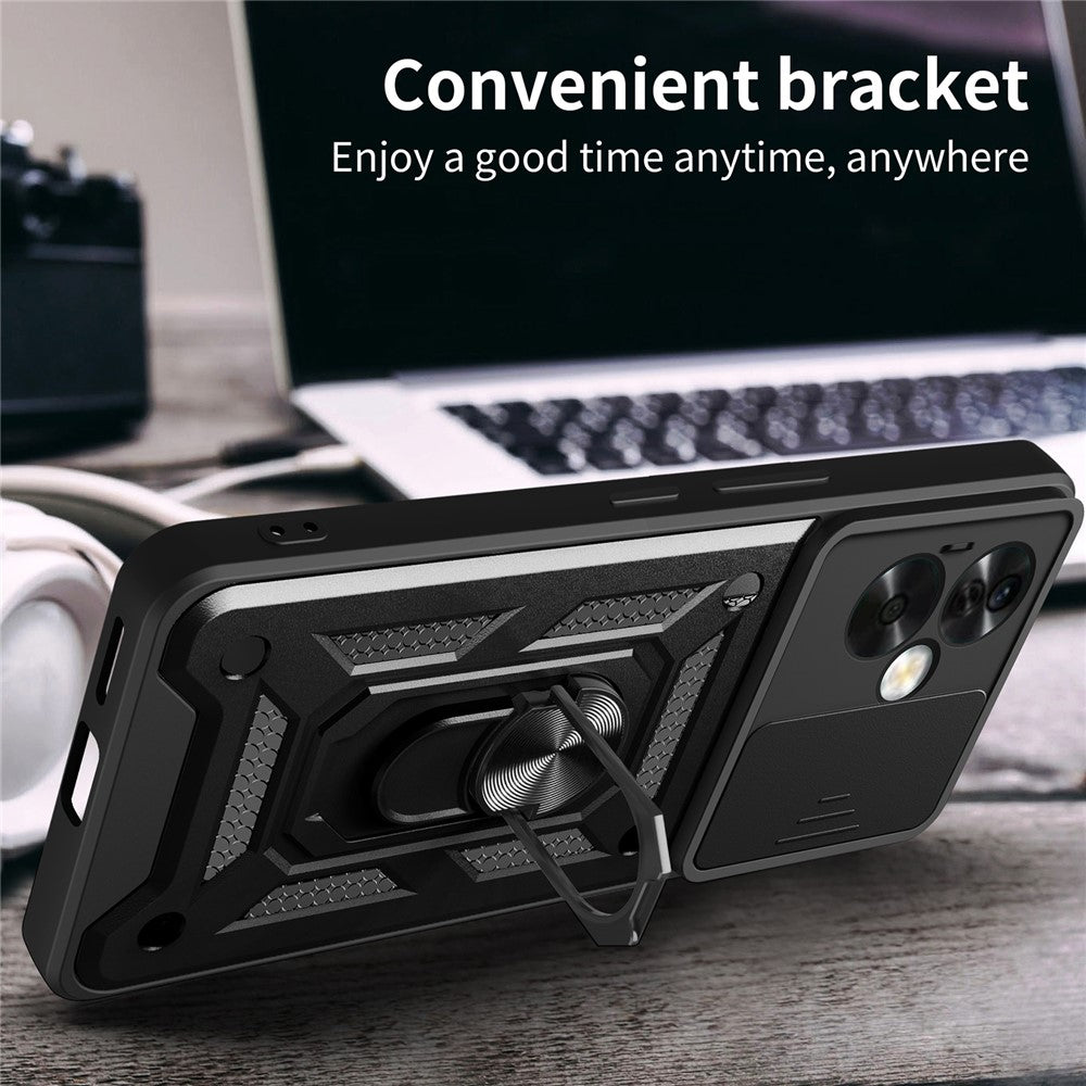 For Oppo A79 5G / A2 5G Case PC+TPU Ring Kickstand Back Cover with Slide Lens Window