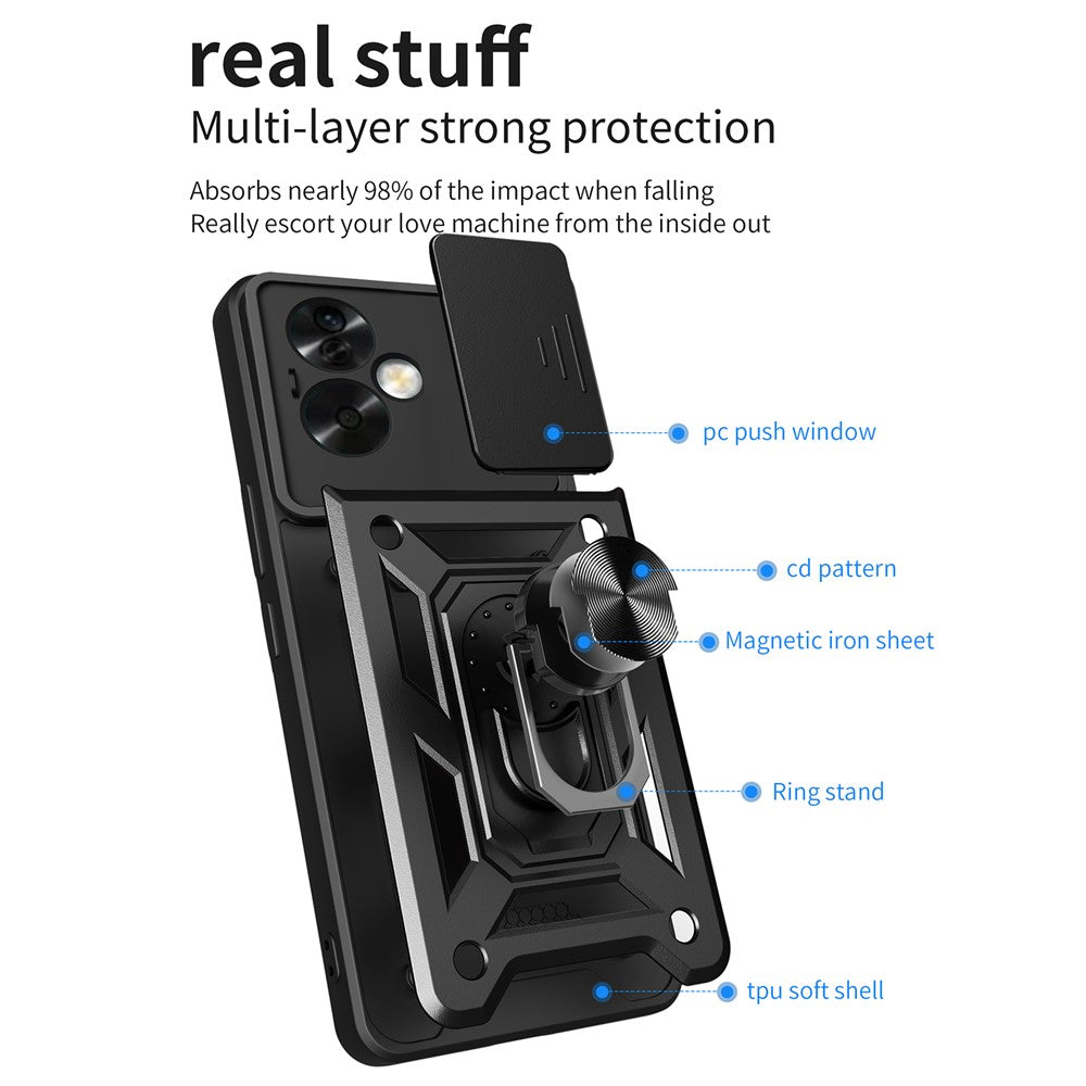 For Oppo A79 5G / A2 5G Case PC+TPU Ring Kickstand Back Cover with Slide Lens Window
