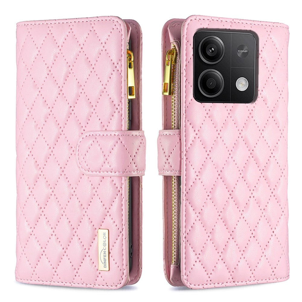 BINFEN COLOR BF Style-15 For Xiaomi Redmi Note 13 5G Zipper Leather Case Rhombus Handbag Phone Cover