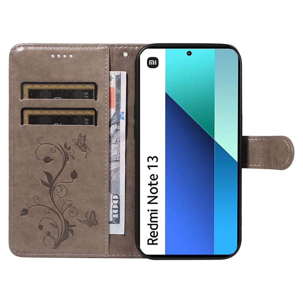 For Xiaomi Redmi Note 13 4G PU Leather Cases Flower Pattern Wallet Stand Phone Cover with Strap
