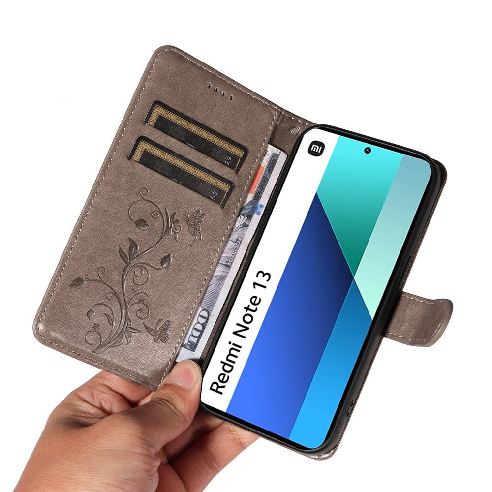 For Xiaomi Redmi Note 13 4G PU Leather Cases Flower Pattern Wallet Stand Phone Cover with Strap