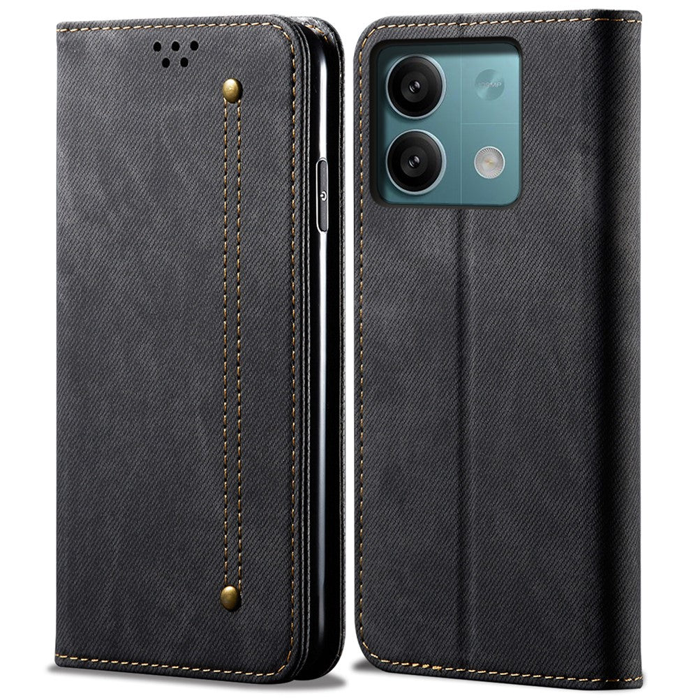 For Xiaomi Redmi Note 13 4G Leather Wallet Case Jeans Cloth Texture TPU Shockproof Shell