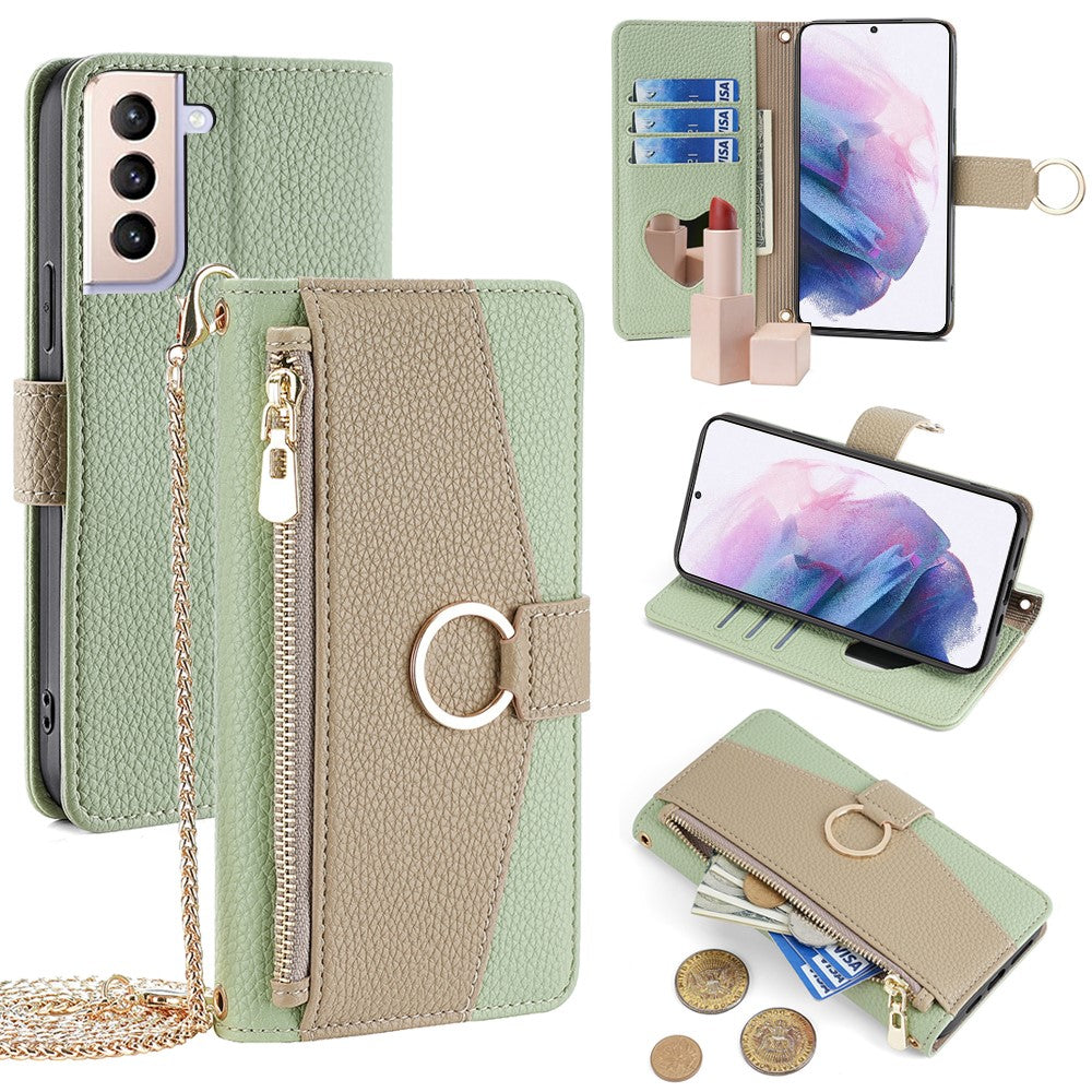 Til Samsung Galaxy S21+ 5G Cover med kortholder, telefonstativ og indbygget hjerte-spejl