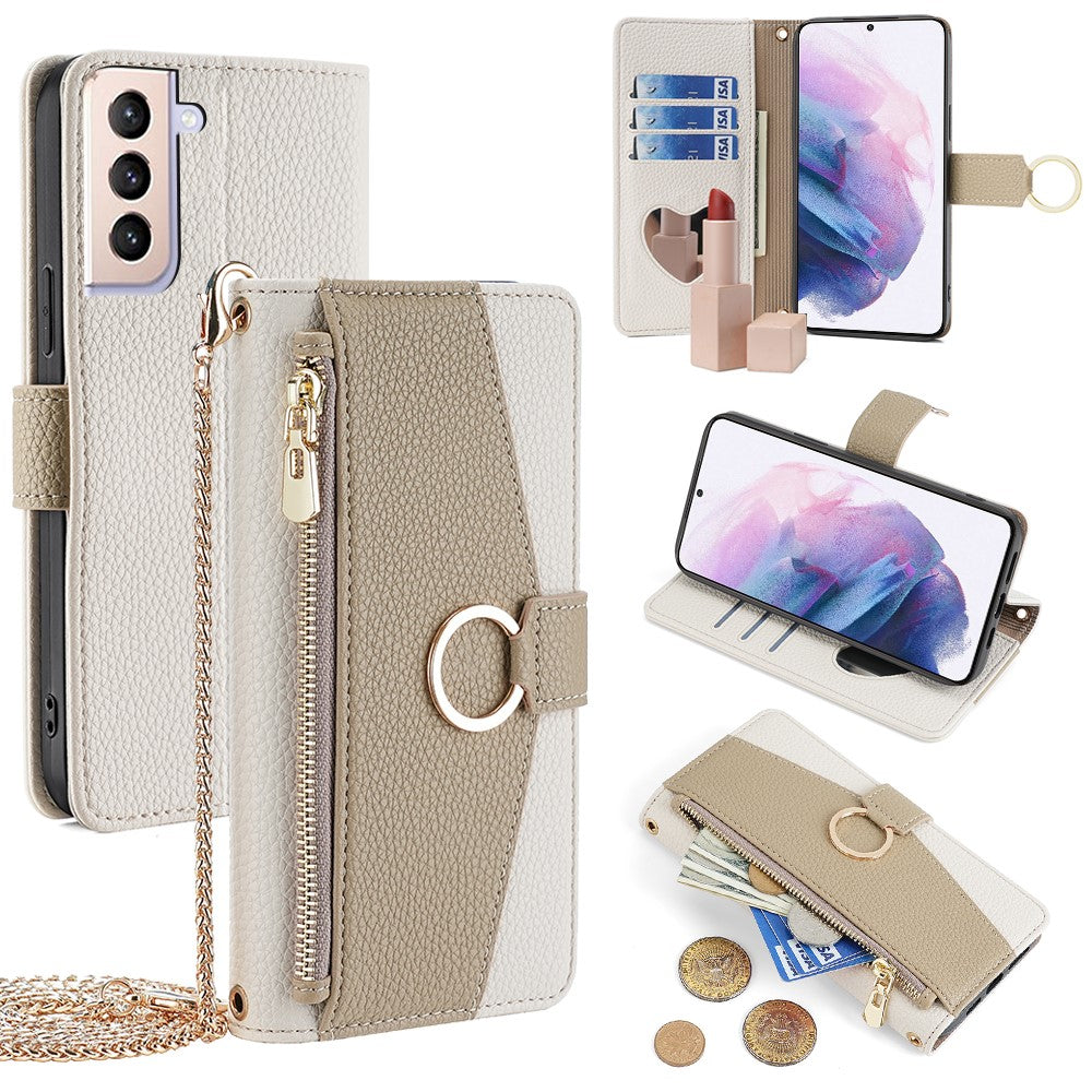 Til Samsung Galaxy S21+ 5G Cover med kortholder, telefonstativ og indbygget hjerte-spejl