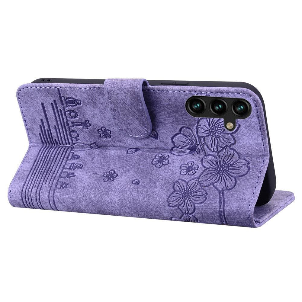 For Samsung Galaxy A25 5G (Global) (161.0 x 76.5 x 8.3mm) Leather Case Flower Cat Pattern Phone Cover Wallet