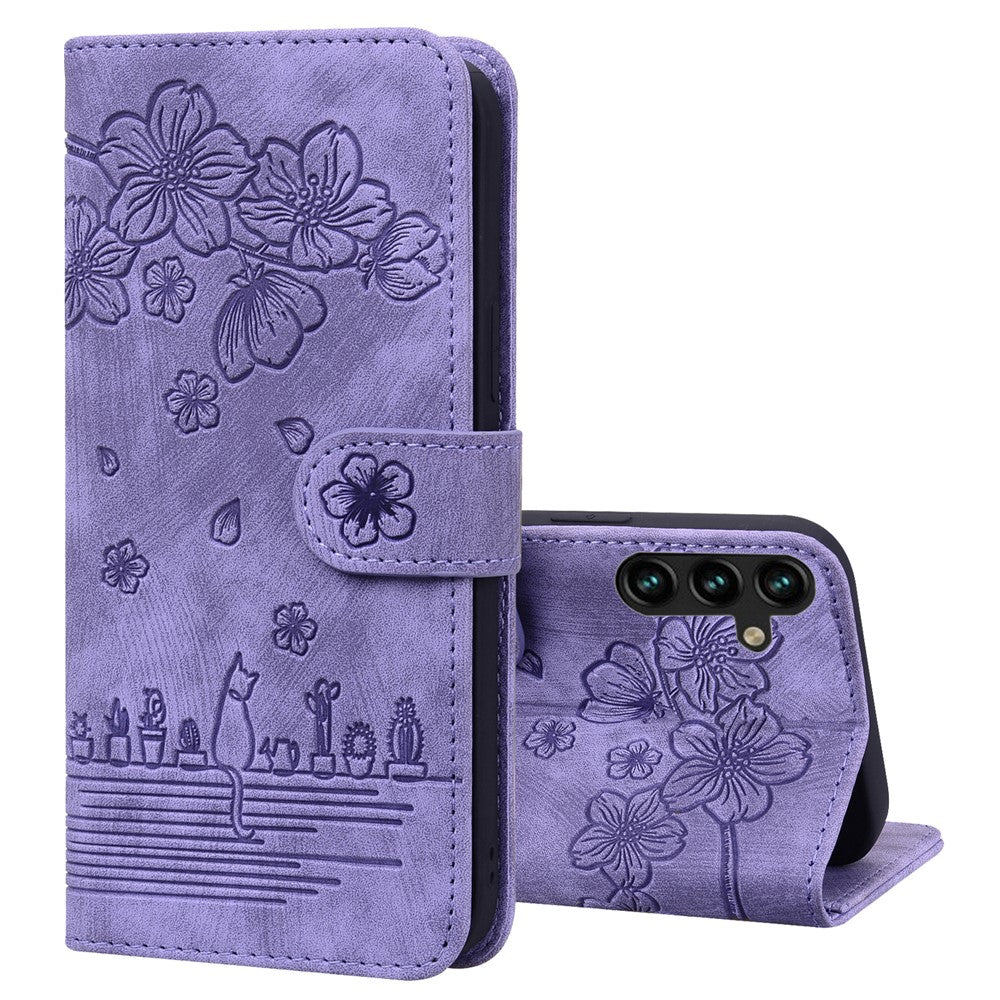 For Samsung Galaxy A25 5G (Global) (161.0 x 76.5 x 8.3mm) Leather Case Flower Cat Pattern Phone Cover Wallet