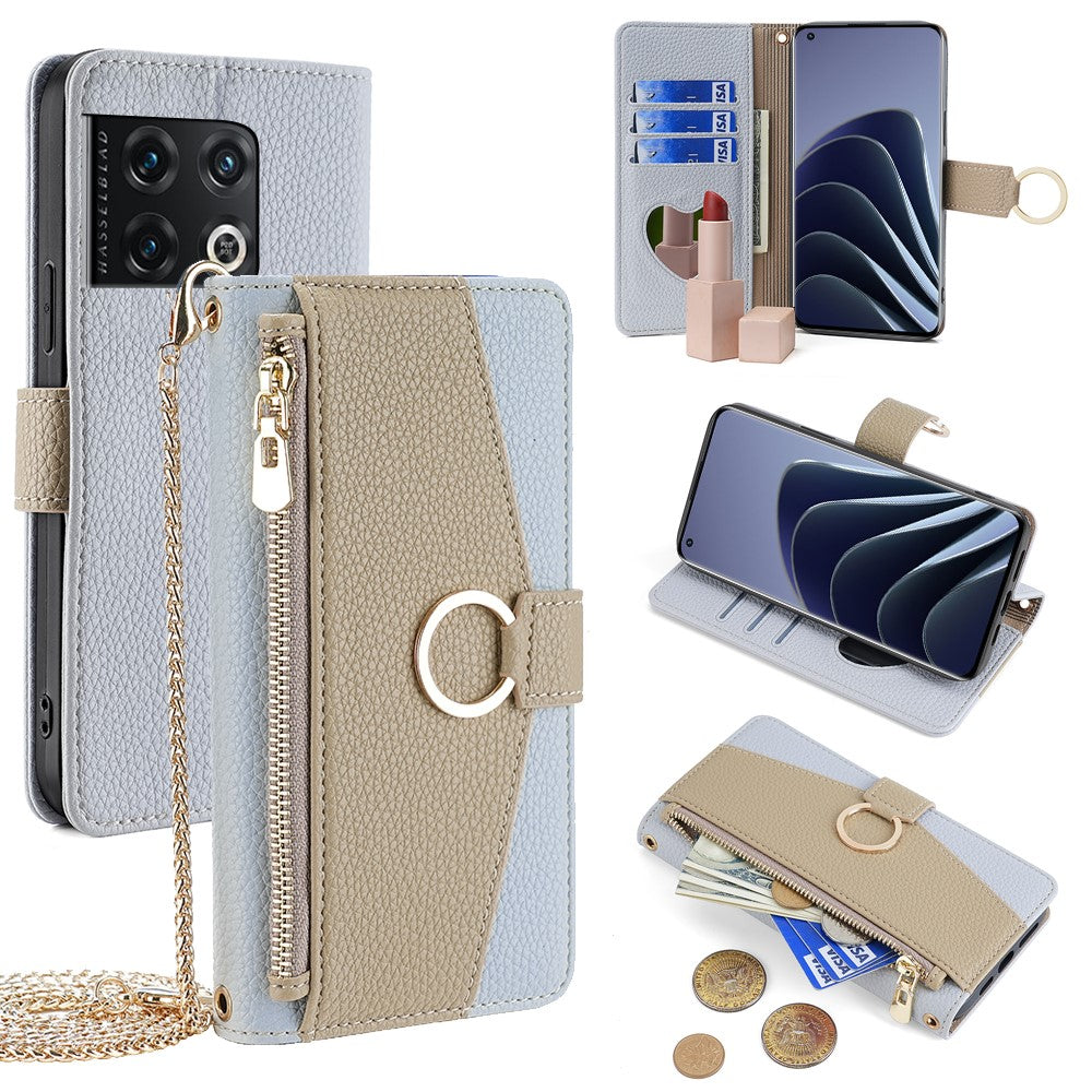 Til OnePlus 10 Pro 5G Crossbody Pungcover PU Læder Lynlås Taske Telefoncover Makeupspejl