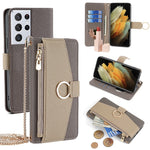 For Samsung Galaxy S21 Ultra 5G Phone Case PU Leather Zipper Makeup Mirror Wallet Cover