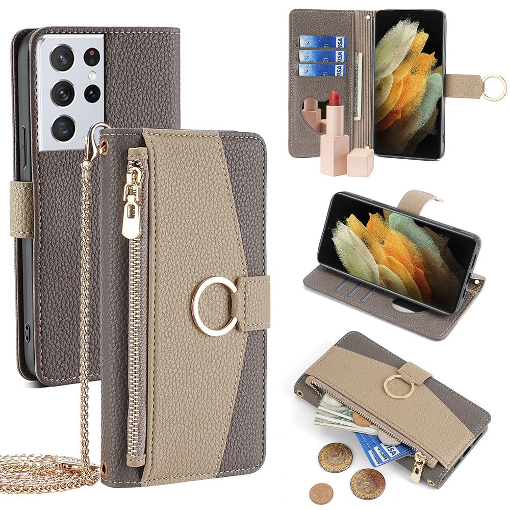 For Samsung Galaxy S21 Ultra 5G Phone Case PU Leather Zipper Makeup Mirror Wallet Cover