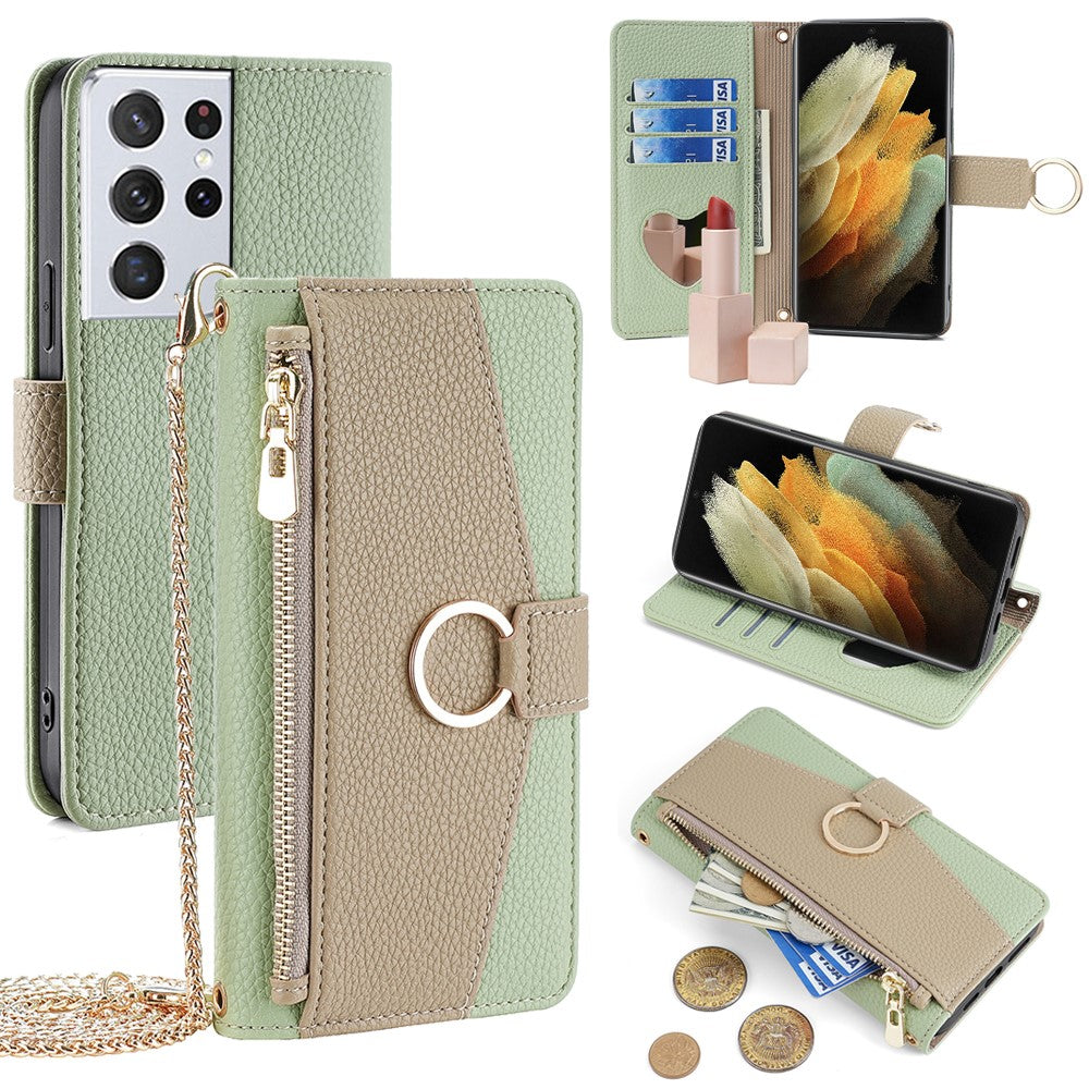 For Samsung Galaxy S21 Ultra 5G Phone Case PU Leather Zipper Makeup Mirror Wallet Cover