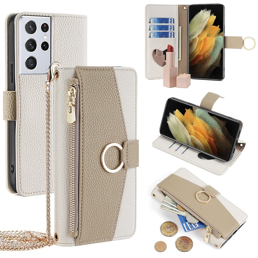 For Samsung Galaxy S21 Ultra 5G Phone Case PU Leather Zipper Makeup Mirror Wallet Cover