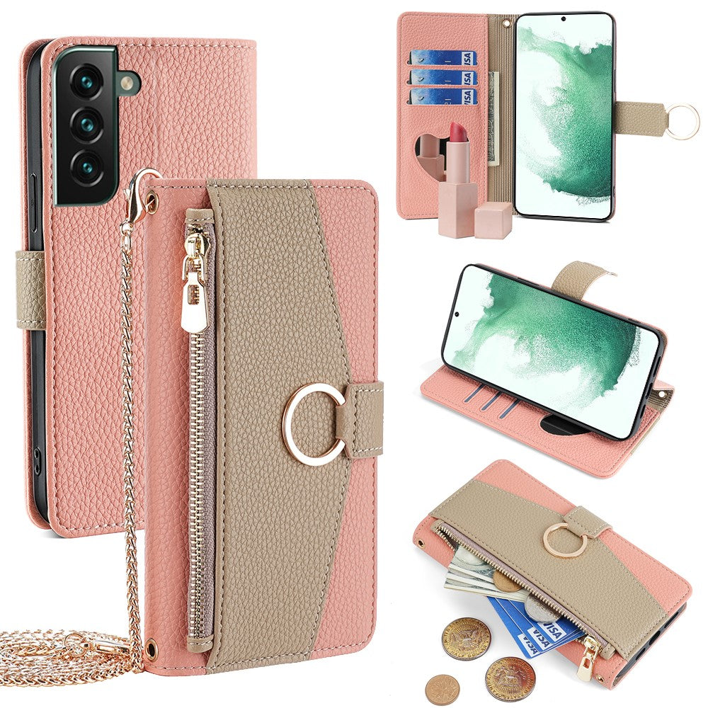 For Samsung Galaxy S22+ 5G Zipper Pocket Case PU Leather Crossbody Phone Cover Wallet