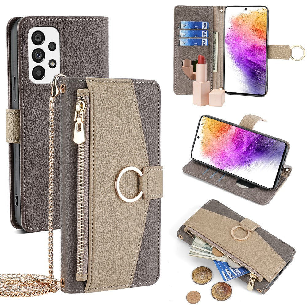 For Samsung Galaxy A73 5G Zipper Flip Cover PU Leather Phone Case with Crossbody Strap