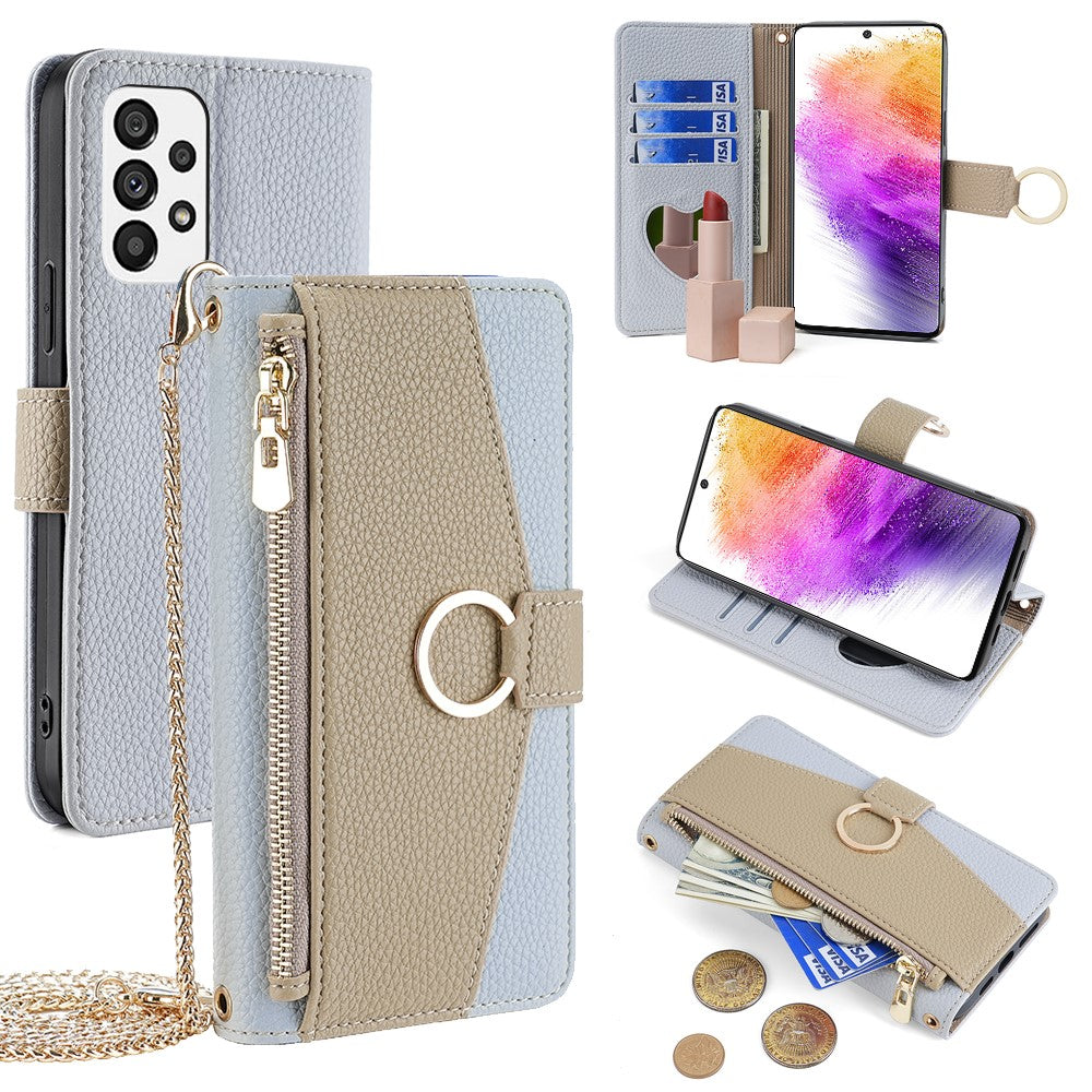For Samsung Galaxy A73 5G Zipper Flip Cover PU Leather Phone Case with Crossbody Strap