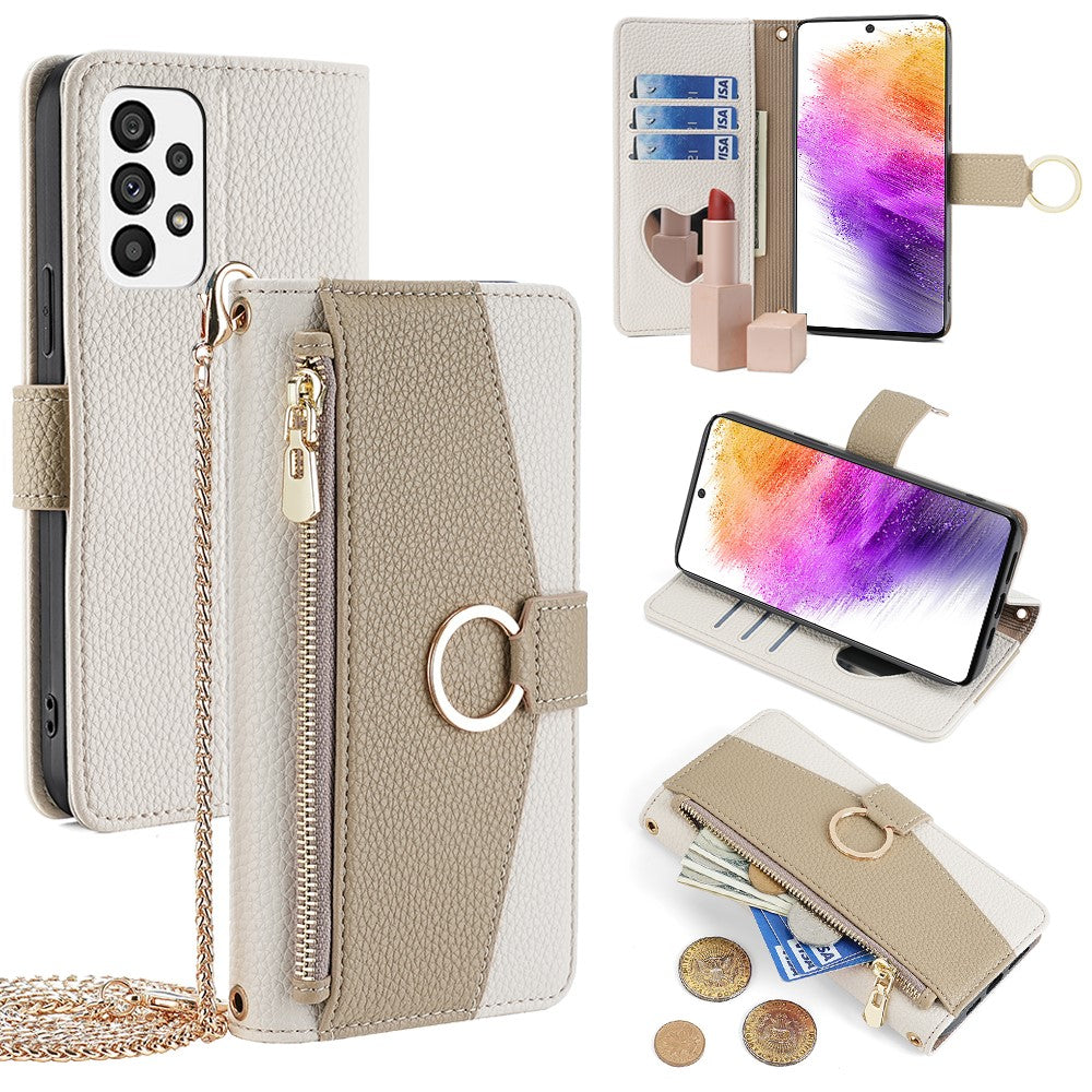 For Samsung Galaxy A73 5G Zipper Flip Cover PU Leather Phone Case with Crossbody Strap