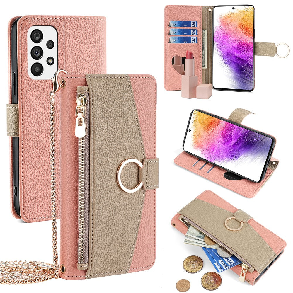 For Samsung Galaxy A73 5G Zipper Flip Cover PU Leather Phone Case with Crossbody Strap