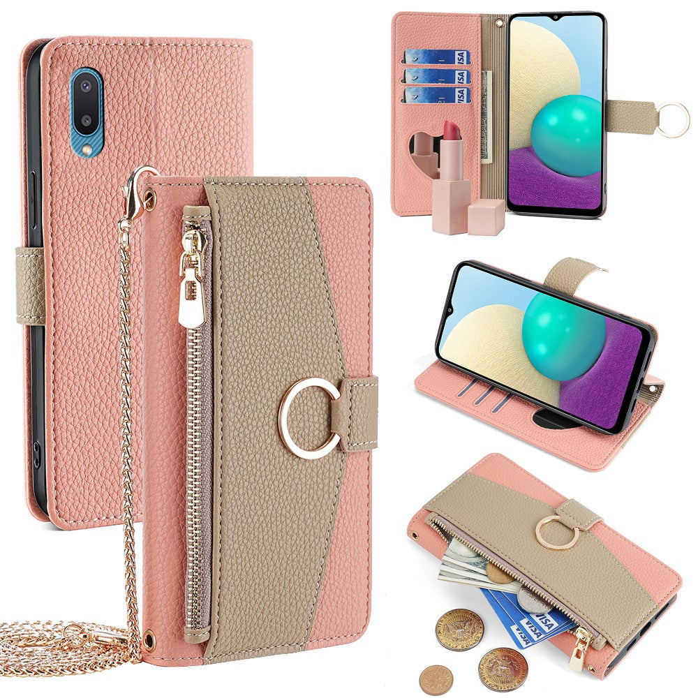 Til Samsung Galaxy A02 Etui PU Læder Pung Stativ Dame Make-up Telefoncover med Rem