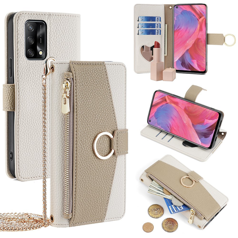 Til Oppo F19 / A74 4G Læderetui Lynlås Pung Telefon Taske Cover med Kæde Strop