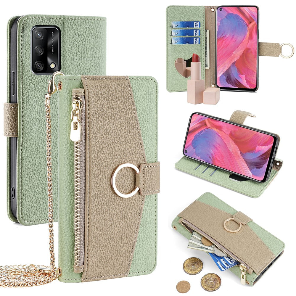 For Oppo F19  /  A74 4G Leather Case Zipper Wallet Phone Bag Cover with Chain Strap