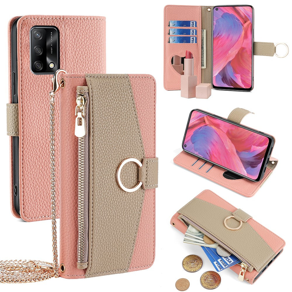 For Oppo F19  /  A74 4G Leather Case Zipper Wallet Phone Bag Cover with Chain Strap