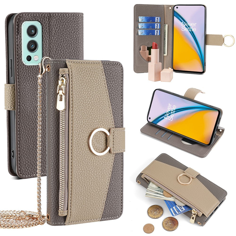 For OnePlus Nord 2 5G Leather Case Phone Bag Cover Wallet Stand with Mirror and Chain Strap
