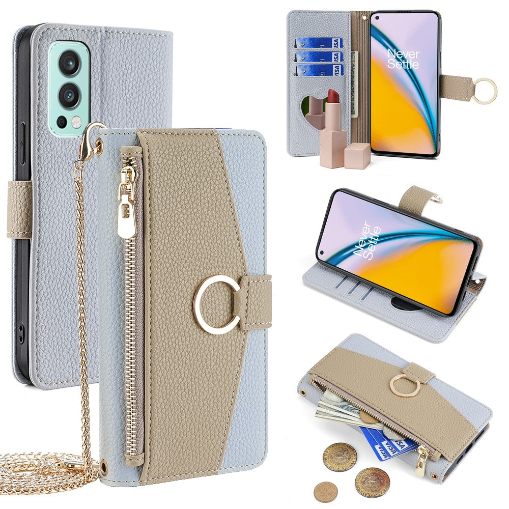 For OnePlus Nord 2 5G Leather Case Phone Bag Cover Wallet Stand with Mirror and Chain Strap