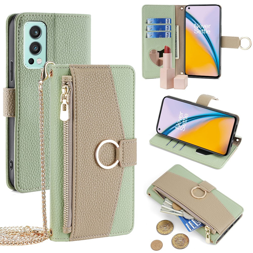 For OnePlus Nord 2 5G Leather Case Phone Bag Cover Wallet Stand with Mirror and Chain Strap