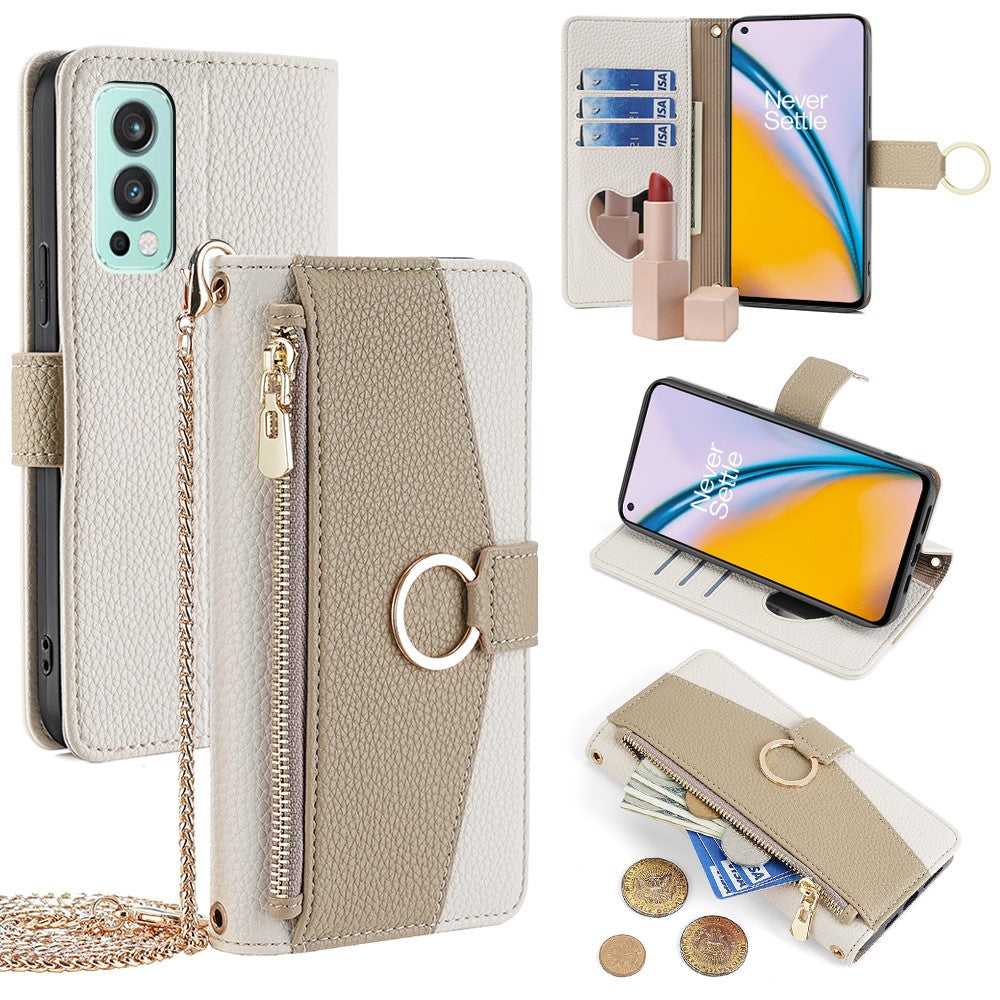 For OnePlus Nord 2 5G Leather Case Phone Bag Cover Wallet Stand with Mirror and Chain Strap