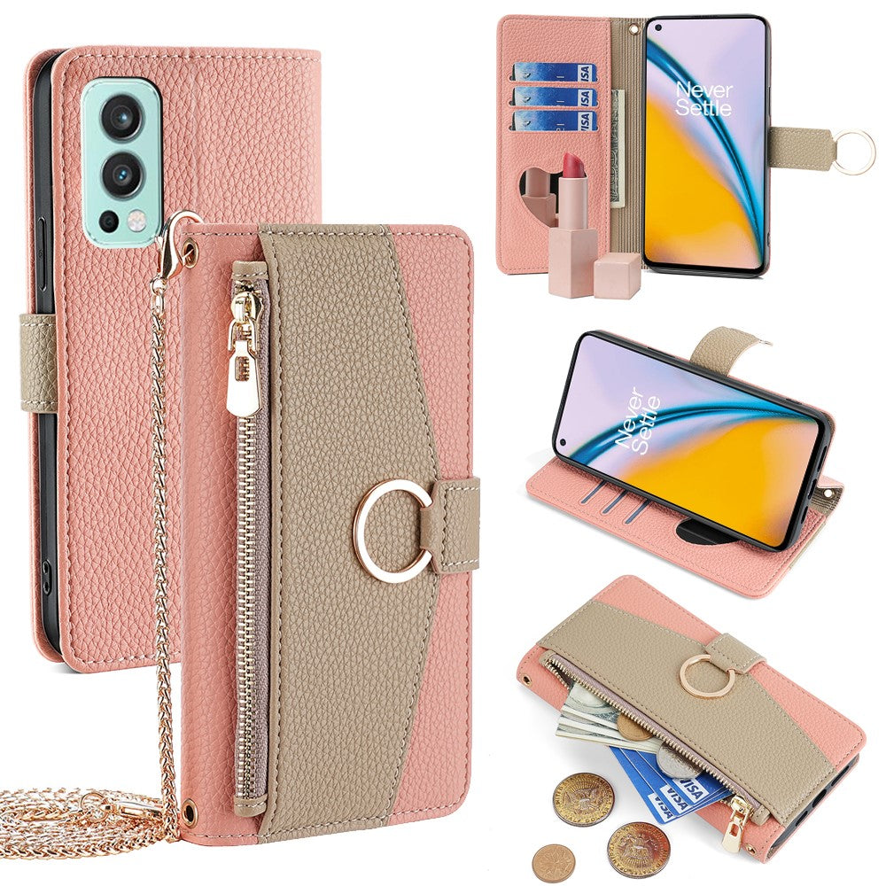 For OnePlus Nord 2 5G Leather Case Phone Bag Cover Wallet Stand with Mirror and Chain Strap