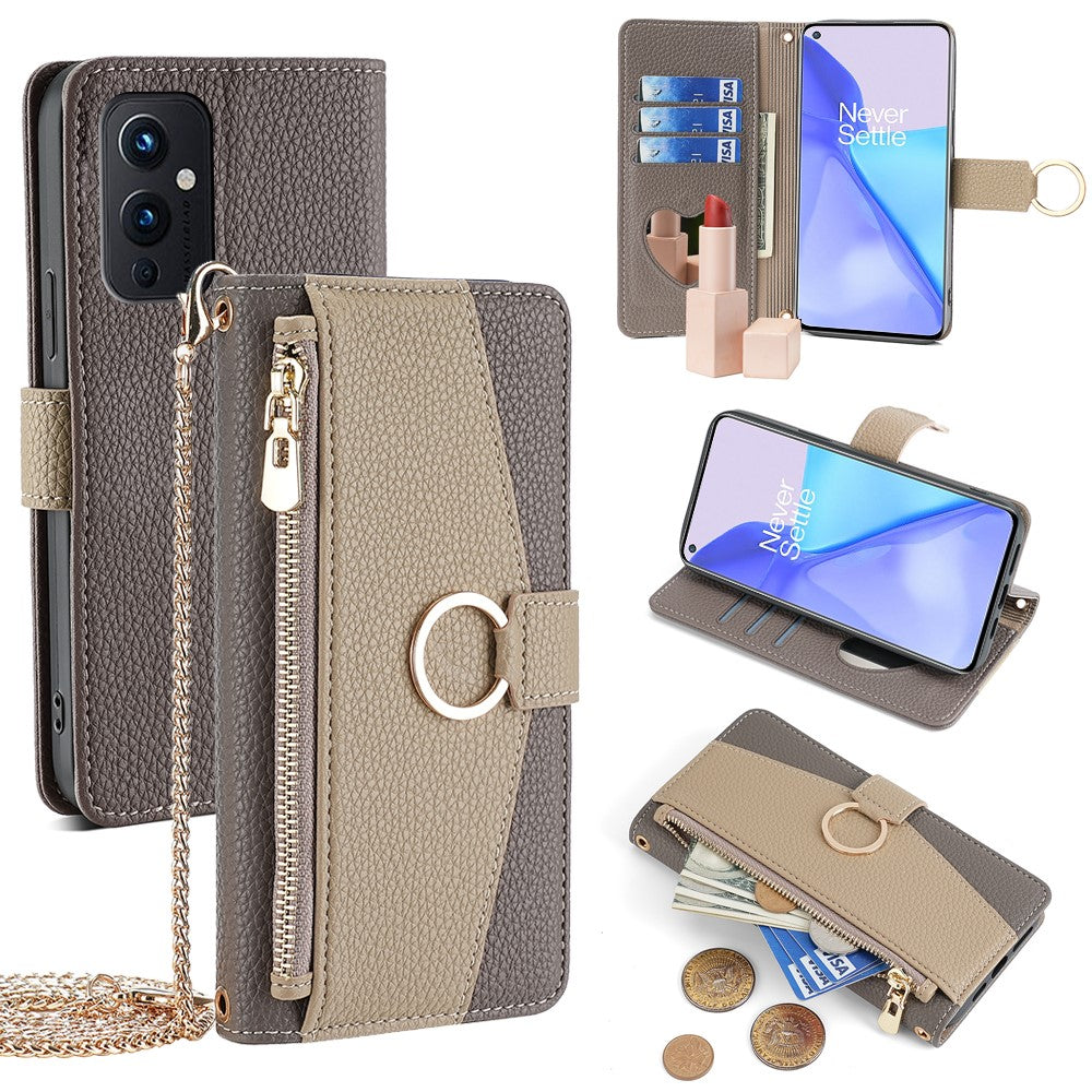 For OnePlus 9 (EU  /  US Version) Case with Strap Leather Phone Cover Zipper Wallet Card Bag
