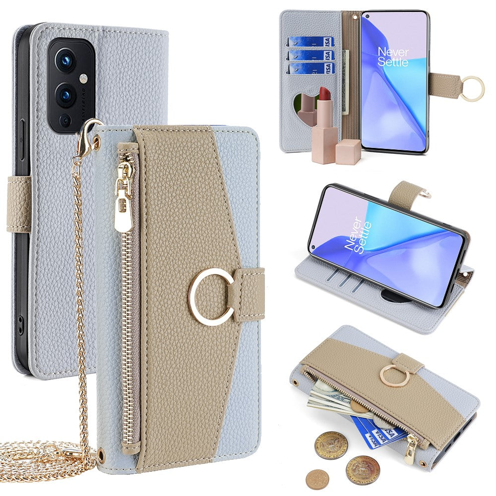 OnePlus 9 (EU / US-version) fodral med rem lädermobilfodral dragkedja plånbok kortväska